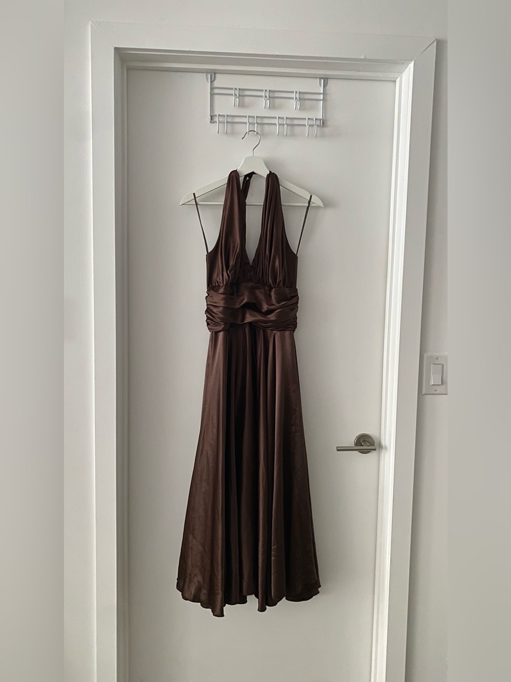 Brown Maxi Halter Satin Dress
